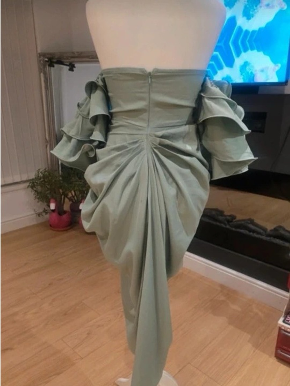 Off-Shoulder Sage Green Ruffled Maxi Dress - Picture 2 of 2